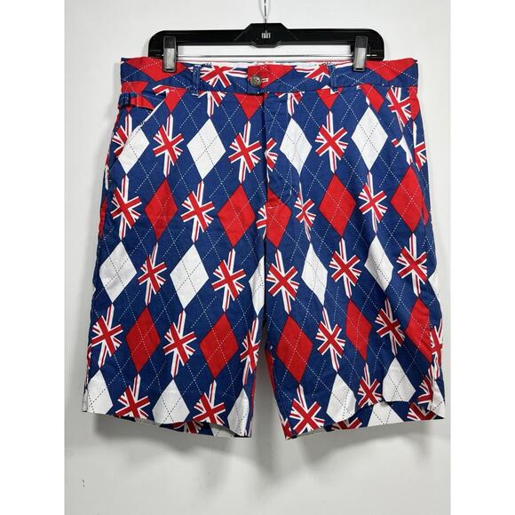 Royal & Awesome Shorts Men’s 36 British Flag Blue Chino Flat Front Argyle Golf - Picture 1 of 8